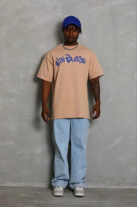 Erkek Baskılı T-Shirt Kısa Kol Bisiklet Yaka Regular Fit Rahat Kalıp Günlük Tişört - Bej (185467)