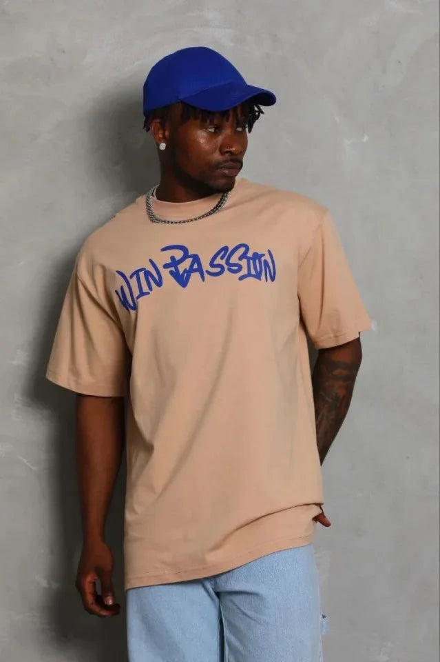 Erkek Baskılı T-Shirt Kısa Kol Bisiklet Yaka Regular Fit Rahat Kalıp Günlük Tişört - Bej (185467)
