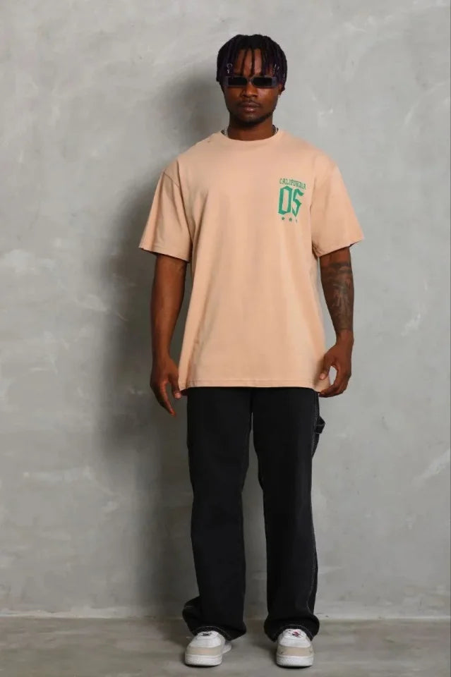 Erkek Baskılı T-Shirt Kısa Kol Bisiklet Yaka Regular Fit Rahat Kalıp Günlük Tişört - Bej (185477)