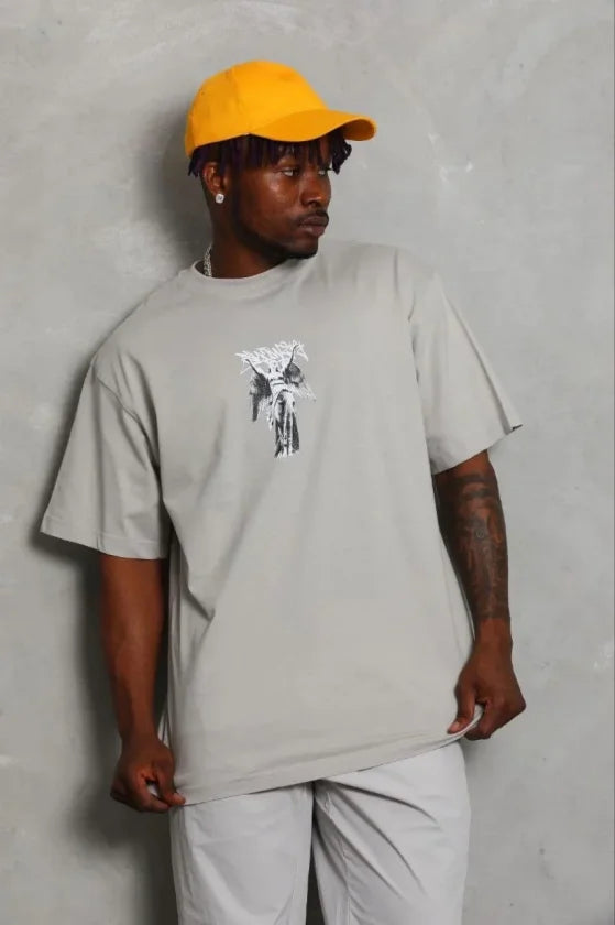 Erkek Baskılı T-Shirt Kısa Kol Bisiklet Yaka Regular Fit Rahat Kalıp Günlük Tişört - Gri (185484)