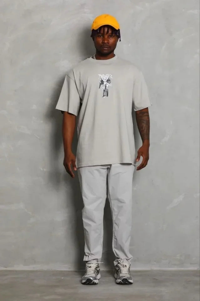 Erkek Baskılı T-Shirt Kısa Kol Bisiklet Yaka Regular Fit Rahat Kalıp Günlük Tişört - Gri (185484)