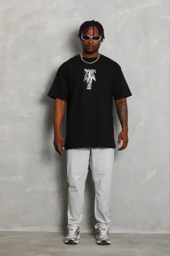 Erkek Baskılı T-Shirt Kısa Kol Bisiklet Yaka Regular Fit Rahat Kalıp Günlük Tişört - Siyah (185485)