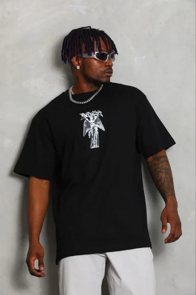 Erkek Baskılı T-Shirt Kısa Kol Bisiklet Yaka Regular Fit Rahat Kalıp Günlük Tişört - Siyah (185485)