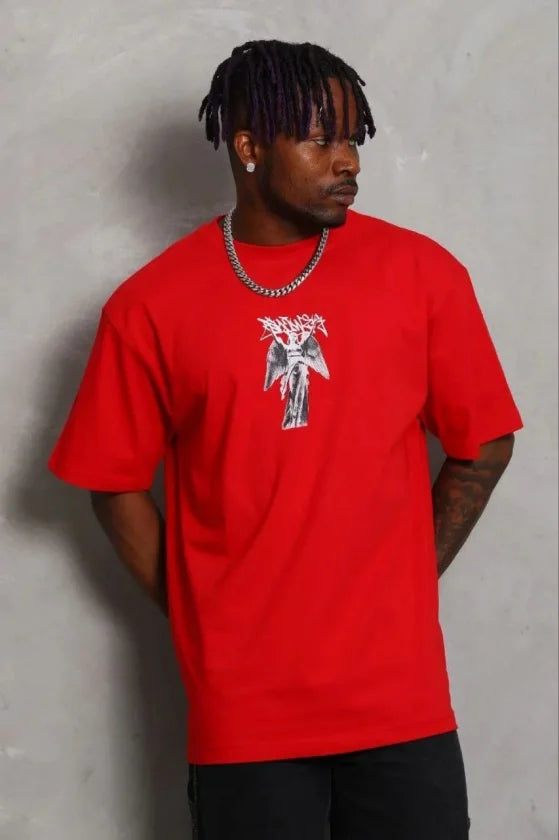 Erkek Baskılı T-Shirt Kısa Kol Bisiklet Yaka Regular Fit Rahat Kalıp Günlük Tişört - Kırmızı (185487)