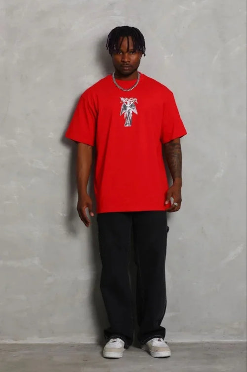 Erkek Baskılı T-Shirt Kısa Kol Bisiklet Yaka Regular Fit Rahat Kalıp Günlük Tişört - Kırmızı (185487)