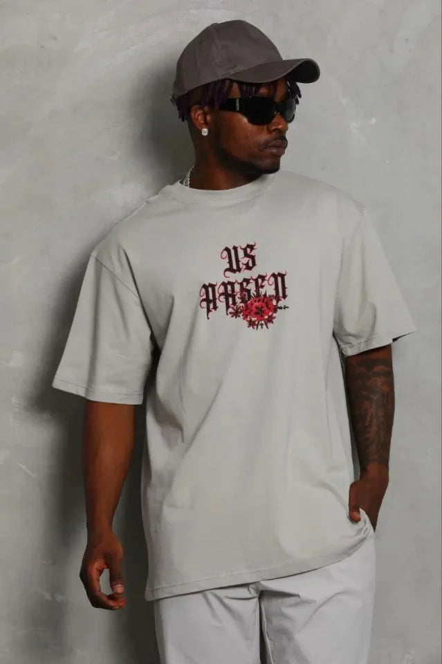 Erkek Baskılı T-Shirt Kısa Kol Bisiklet Yaka Regular Fit Rahat Kalıp Günlük Tişört - Gri (185489)