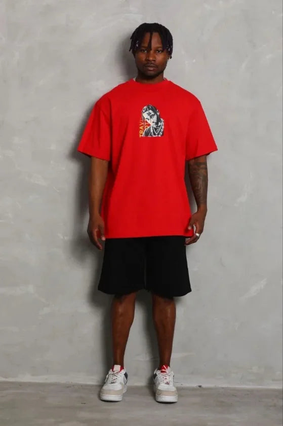 Erkek Baskılı T-Shirt Kısa Kol Bisiklet Yaka Regular Fit Rahat Kalıp Günlük Tişört - Kırmızı (185492)