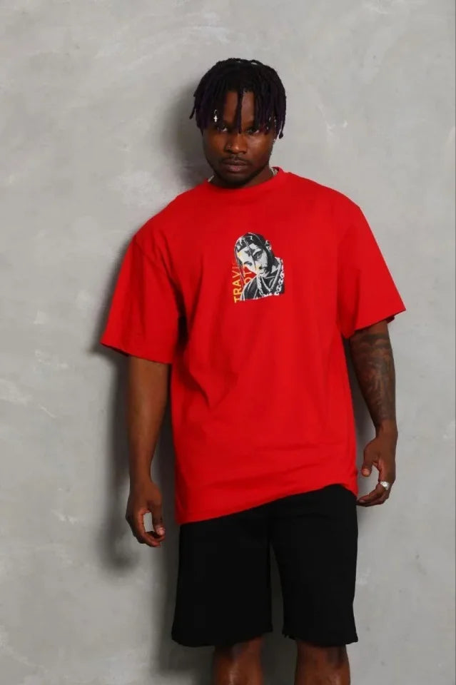 Erkek Baskılı T-Shirt Kısa Kol Bisiklet Yaka Regular Fit Rahat Kalıp Günlük Tişört - Kırmızı (185492)