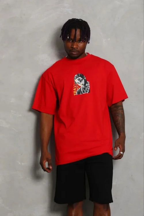 Erkek Baskılı T-Shirt Kısa Kol Bisiklet Yaka Regular Fit Rahat Kalıp Günlük Tişört - Kırmızı (185492)