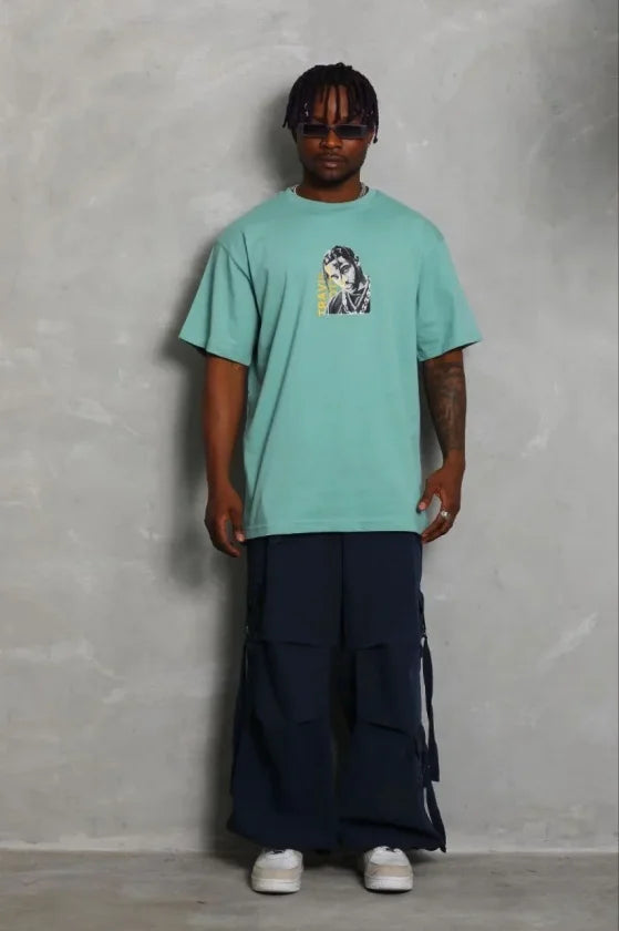 Erkek Baskılı T-Shirt Kısa Kol Bisiklet Yaka Regular Fit Rahat Kalıp Günlük Tişört - Mint Yeşili (185493)