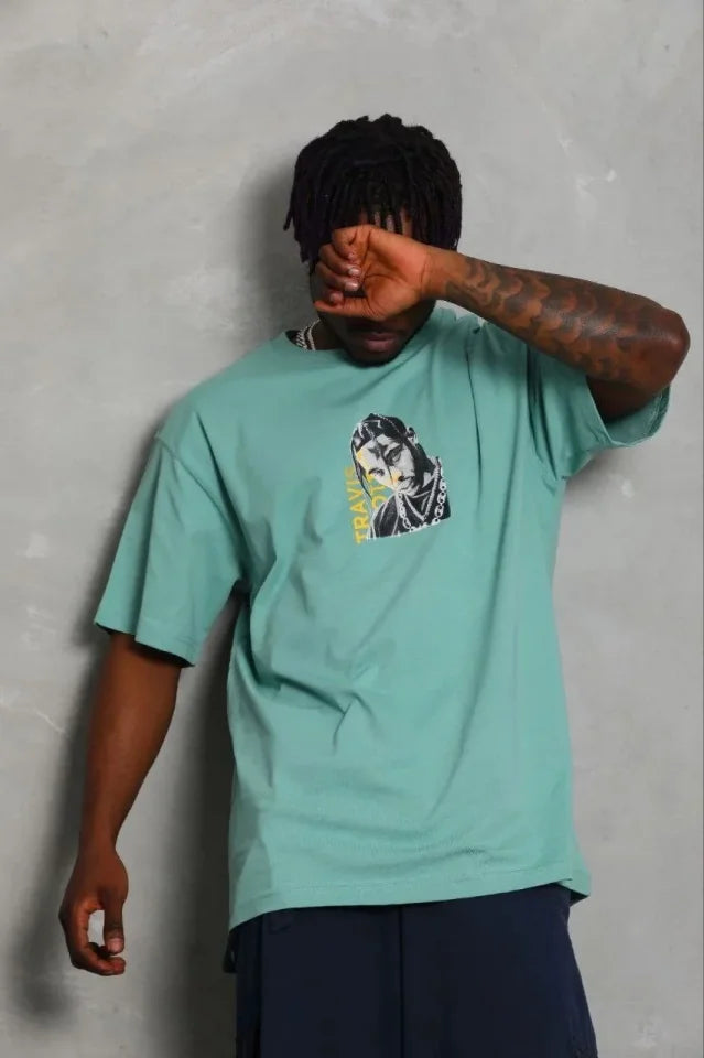 Erkek Baskılı T-Shirt Kısa Kol Bisiklet Yaka Regular Fit Rahat Kalıp Günlük Tişört - Mint Yeşili (185493)