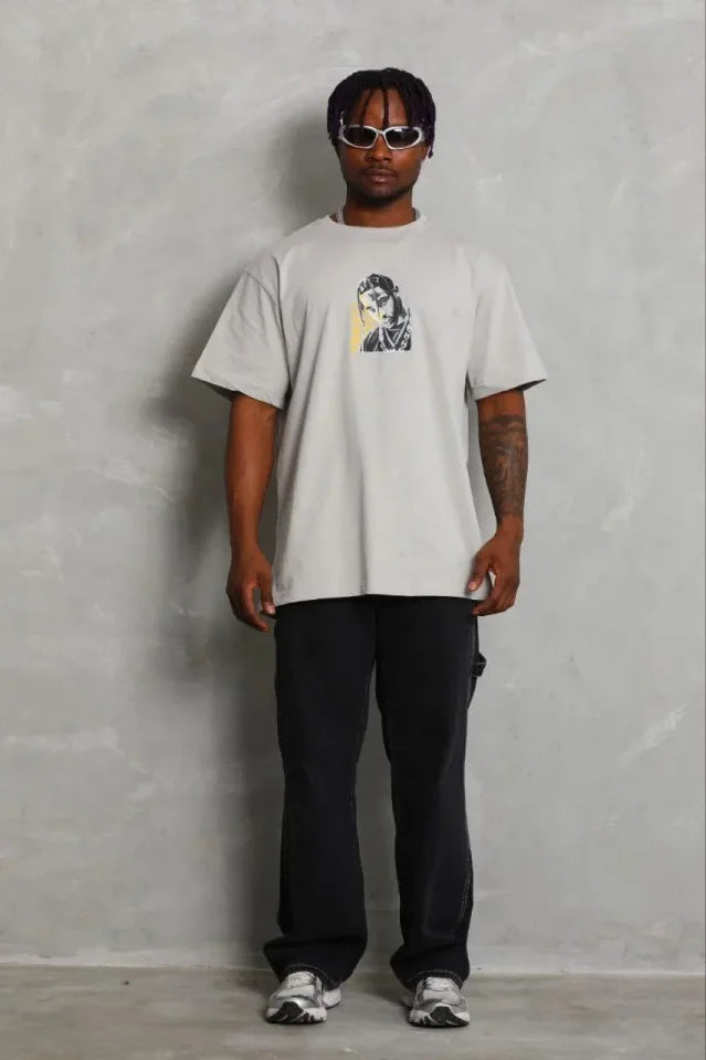 Erkek Baskılı T-Shirt Kısa Kol Bisiklet Yaka Regular Fit Rahat Kalıp Günlük Tişört - Gri (185494)