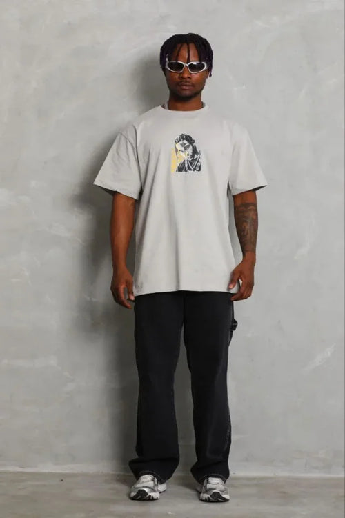 Erkek Baskılı T-Shirt Kısa Kol Bisiklet Yaka Regular Fit Rahat Kalıp Günlük Tişört - Gri (185494)