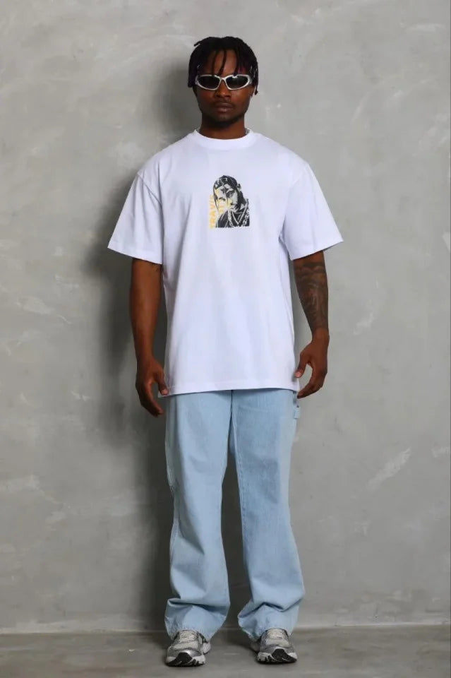 Erkek Baskılı T-Shirt Kısa Kol Bisiklet Yaka Regular Fit Rahat Kalıp Günlük Tişört - Beyaz (185495)