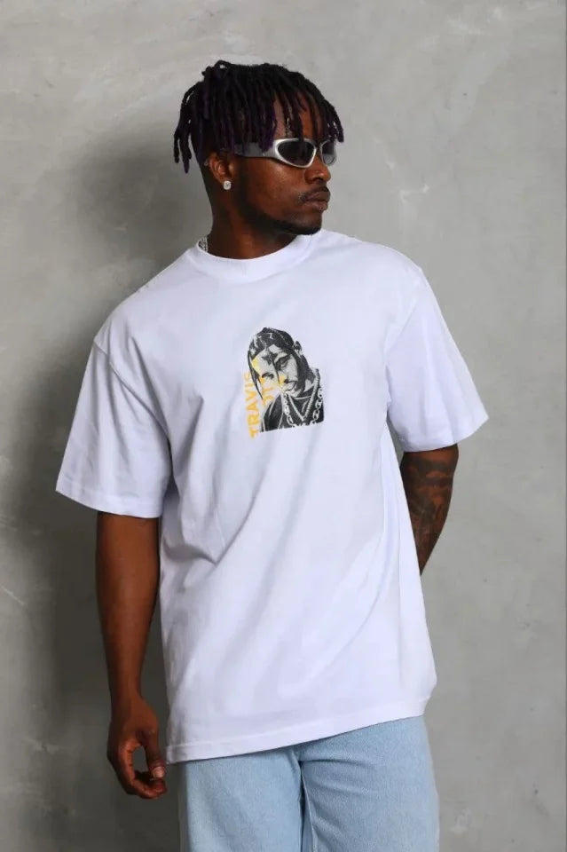 Erkek Baskılı T-Shirt Kısa Kol Bisiklet Yaka Regular Fit Rahat Kalıp Günlük Tişört - Beyaz (185495)