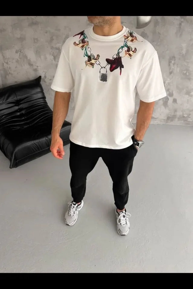 Erkek Baskılı T-Shirt Kısa Kol Bisiklet Yaka Regular Fit Rahat Kalıp Günlük Tişört - Beyaz (185502)