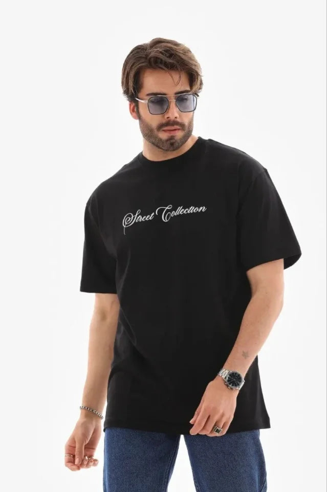 Erkek Baskılı T-Shirt Kısa Kol Bisiklet Yaka Regular Fit Rahat Kalıp Günlük Tişört - Siyah (185503)