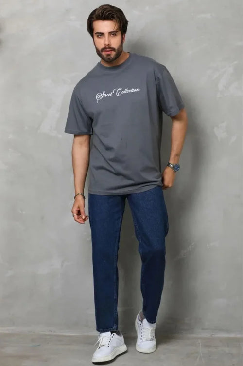 Erkek Baskılı T-Shirt Kısa Kol Bisiklet Yaka Regular Fit Rahat Kalıp Günlük Tişört - Füme (185507)