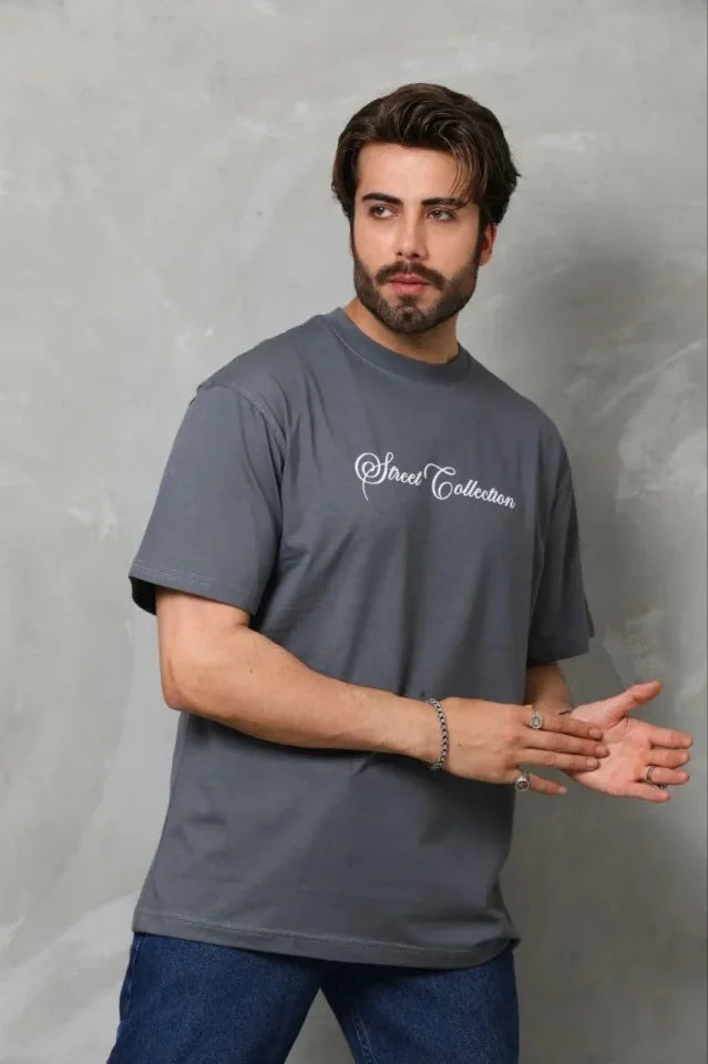 Erkek Baskılı T-Shirt Kısa Kol Bisiklet Yaka Regular Fit Rahat Kalıp Günlük Tişört - Füme (185507)