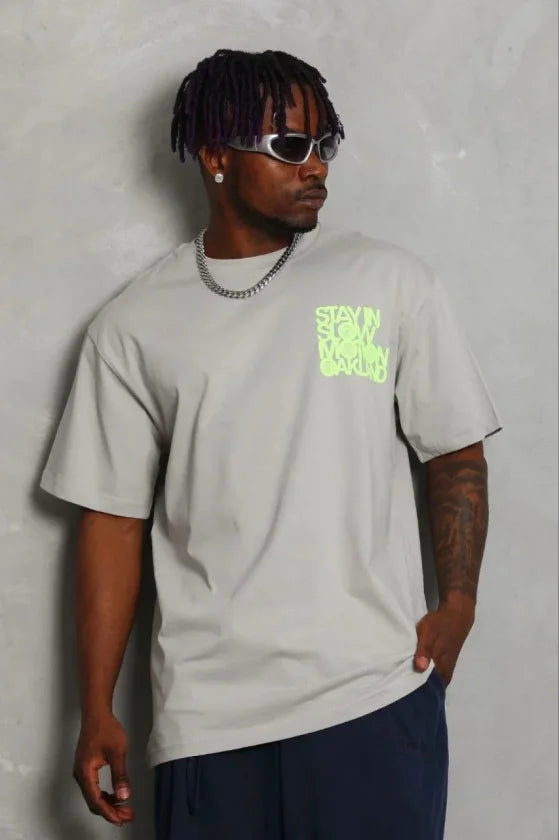 Erkek Baskılı T-Shirt Kısa Kol Bisiklet Yaka Regular Fit Rahat Kalıp Günlük Tişört - Gri (185511)