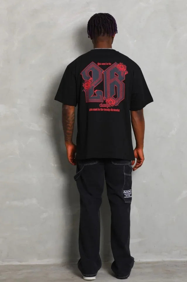 Erkek Baskılı Tişort Kısa Kol Bisiklet Yaka Ovarsize T-Shirt - Siyah (185536)
