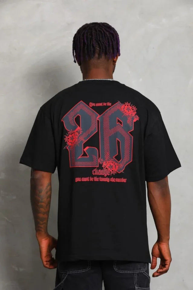 Erkek Baskılı Tişort Kısa Kol Bisiklet Yaka Ovarsize T-Shirt - Siyah (185536)