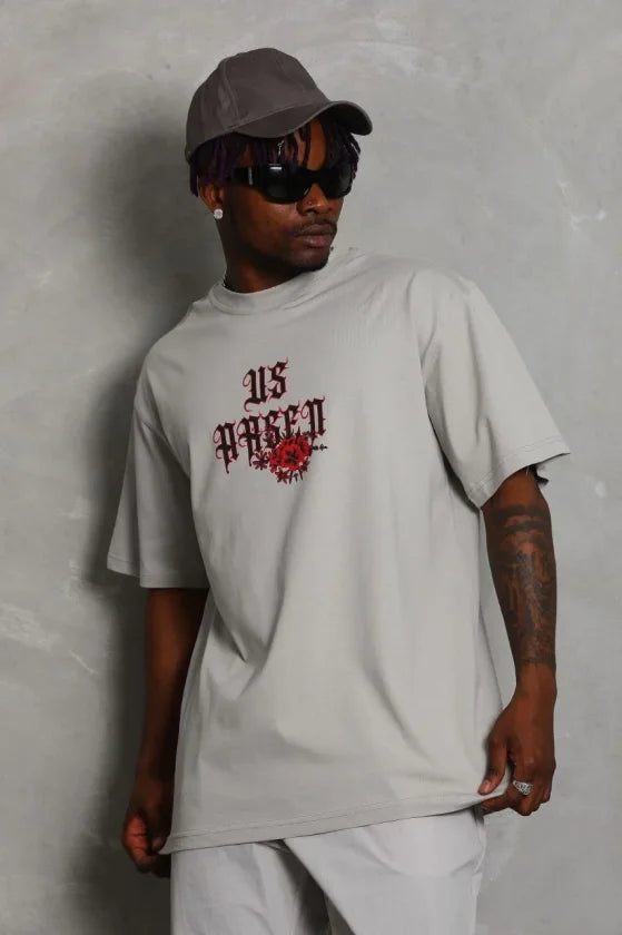 ERKEK Oversize Baskılı Bisiklet Yaka T-Shirt - Gri (185537)