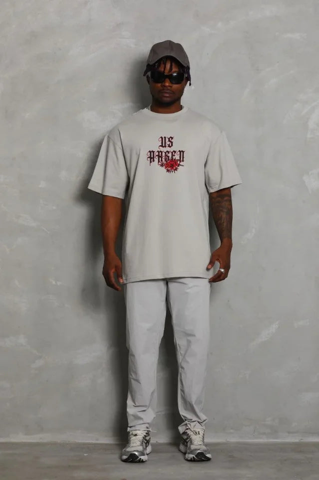 ERKEK Oversize Baskılı Bisiklet Yaka T-Shirt - Gri (185537)