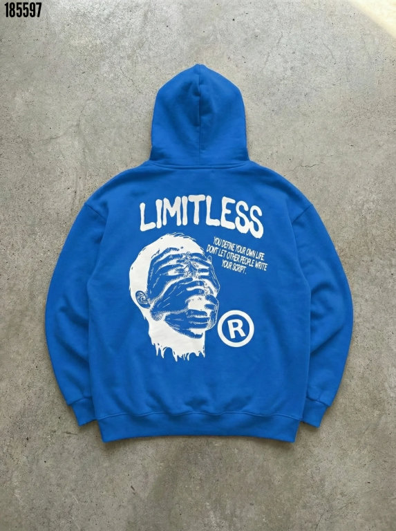 Erkek Premium Baskılı Kapşonlu Sweatshirt Üç İplik İçi Pamuklu Kanguru Cepli Saks Mavisi