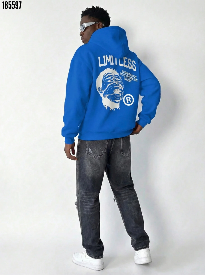 Erkek Premium Baskılı Kapşonlu Sweatshirt Üç İplik İçi Pamuklu Kanguru Cepli Saks Mavisi
