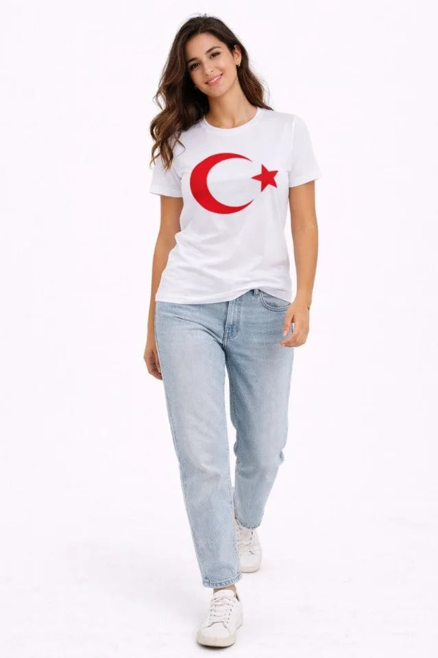 T-Shirt Kısa Kol Bisiklet Yaka Ay Yıldız Bayrak Baskılı Tişört - Beyaz (186085)