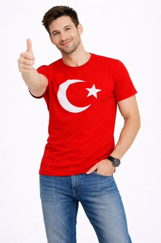 Erkek T-Shirt Kısa Kol Bisiklet Yaka Ay Yıldız Bayrak Baskılı Tişört - Kırmızı (186149)