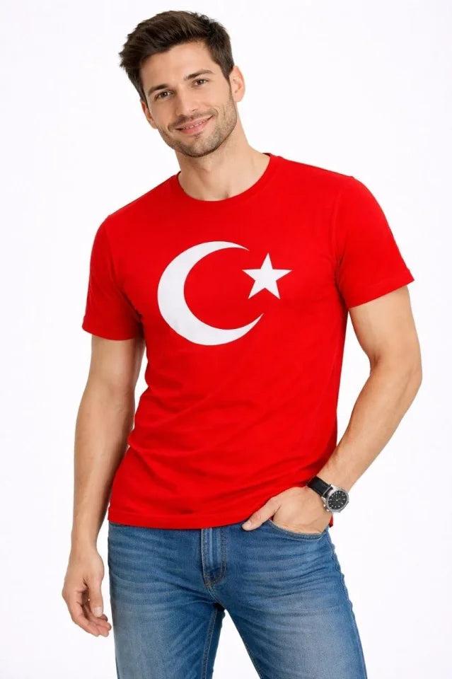 Erkek T-Shirt Kısa Kol Bisiklet Yaka Ay Yıldız Bayrak Baskılı Tişört - Kırmızı (186149)