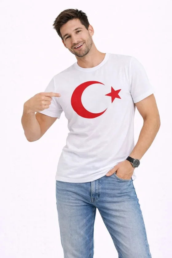 Erkek T-Shirt Kısa Kol Bisiklet Yaka Ay Yıldız Bayrak Baskılı Tişört - Beyaz (186150)