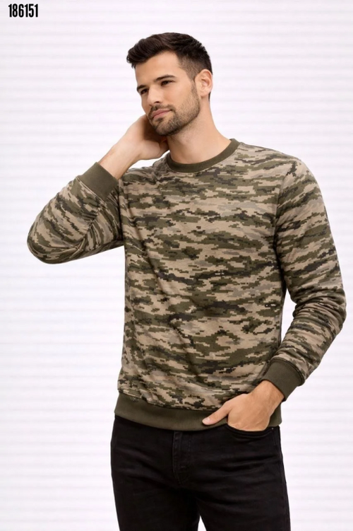 Erkek Kamuflaj Desenli 2 İplik 4 Mevsim Uzun Kollu Bisiklet Yaka Sweatshirt Kamuflaj