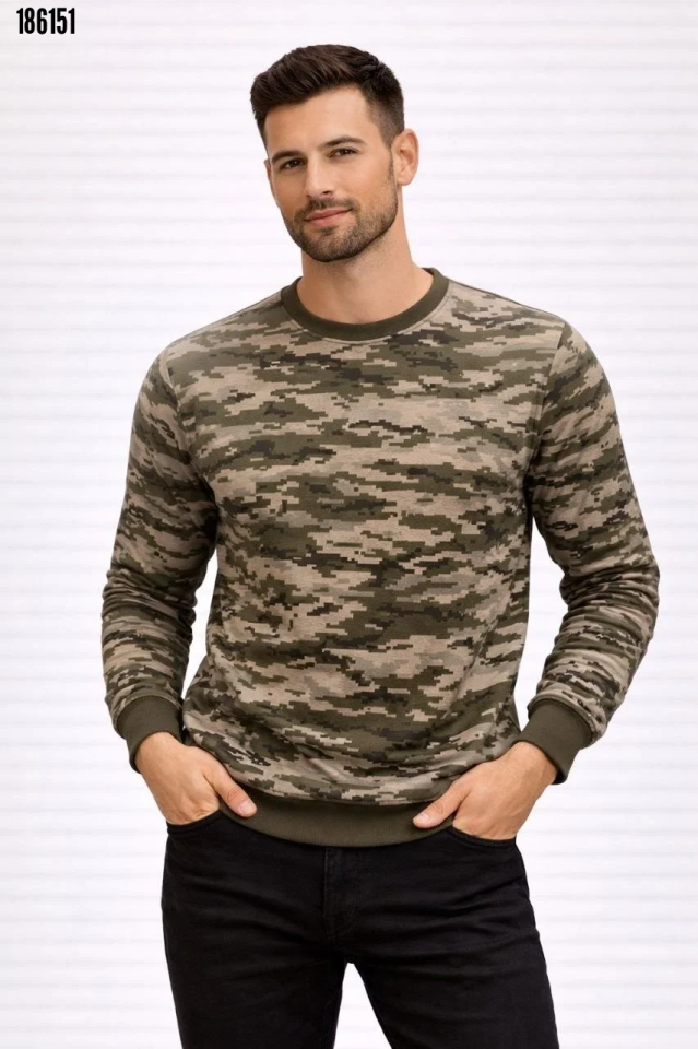 Erkek Kamuflaj Desenli 2 İplik 4 Mevsim Uzun Kollu Bisiklet Yaka Sweatshirt Kamuflaj