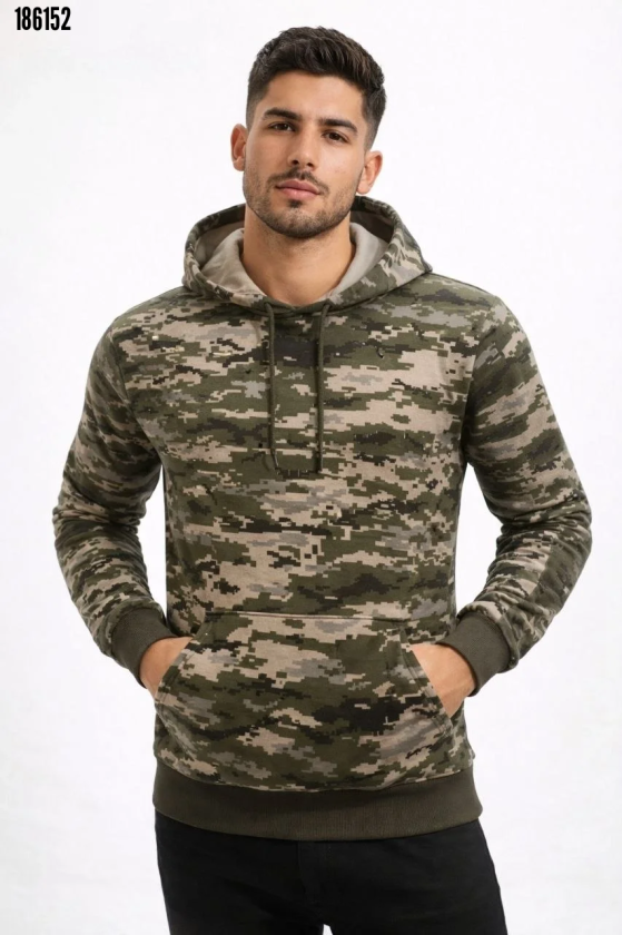 Erkek Kamuflaj Desenli Hoodie Sweatshirt