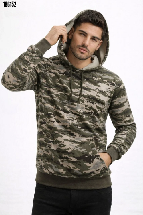 Erkek Kamuflaj Desenli 2 İplik 4 Mevsim Kapüşonlu Kanguru Cepli Hoodie Sweatshirt Kamuflaj