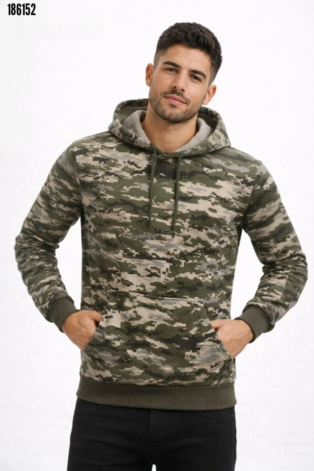 Erkek Kamuflaj Desenli 2 İplik 4 Mevsim Kapüşonlu Kanguru Cepli Hoodie Sweatshirt Kamuflaj