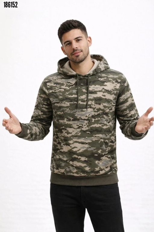 Erkek Kamuflaj Desenli 2 İplik 4 Mevsim Kapüşonlu Kanguru Cepli Hoodie Sweatshirt Kamuflaj