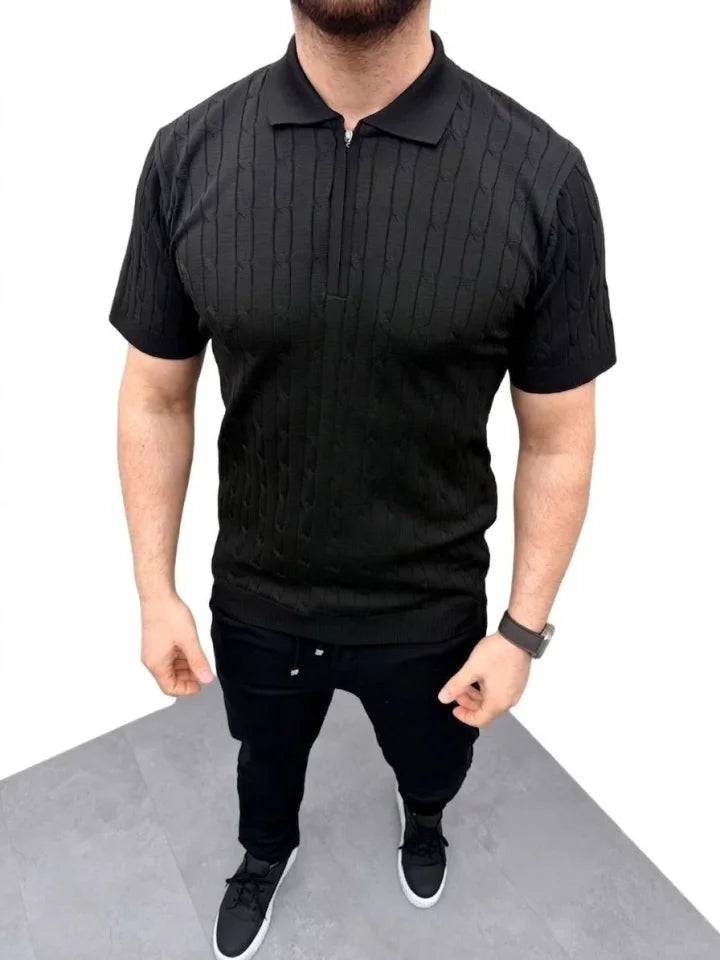 Erkek Yazlık Triko Saç Örgü Tişört Kısa Kol Polo Yaka Fermuarlı T-Shirt - Siyah (186168)
