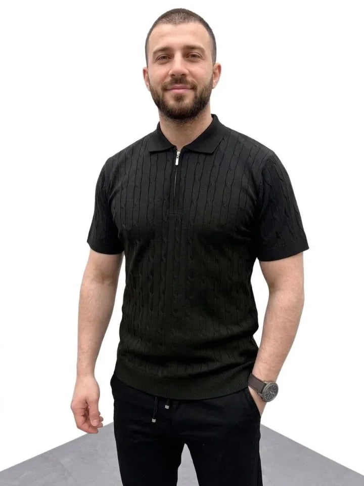 Erkek Yazlık Triko Saç Örgü Tişört Kısa Kol Polo Yaka Fermuarlı T-Shirt - Siyah (186168)