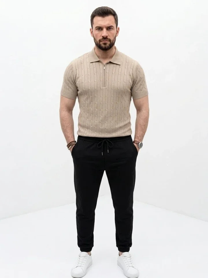 Erkek Yazlık Triko Saç Örgü Tişört Kısa Kol Polo Yaka Fermuarlı T-Shirt - Bej (186169)