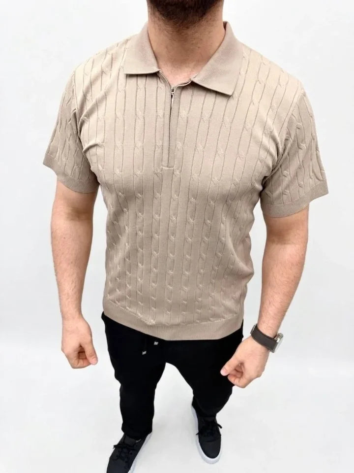 Erkek Yazlık Triko Saç Örgü Tişört Kısa Kol Polo Yaka Fermuarlı T-Shirt - Bej (186169)