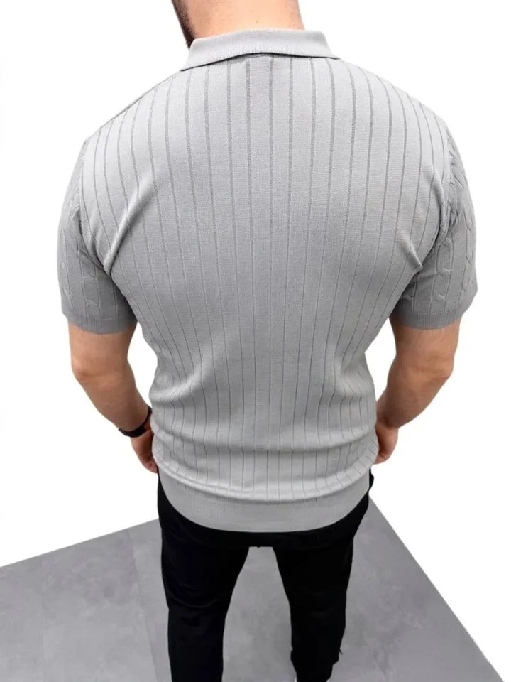 Erkek Yazlık Triko Saç Örgü Tişört Kısa Kol Polo Yaka Fermuarlı T-Shirt - Gri (186170)