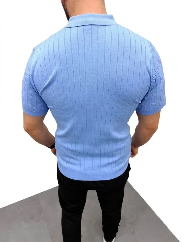 Erkek Yazlık Triko Saç Örgü Tişört Kısa Kol Polo Yaka Fermuarlı T-Shirt - Bebe Mavisi (186172)