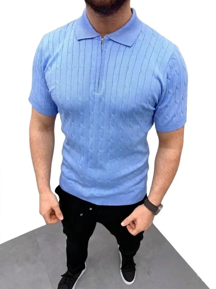 Erkek Yazlık Triko Saç Örgü Tişört Kısa Kol Polo Yaka Fermuarlı T-Shirt - Bebe Mavisi (186172)