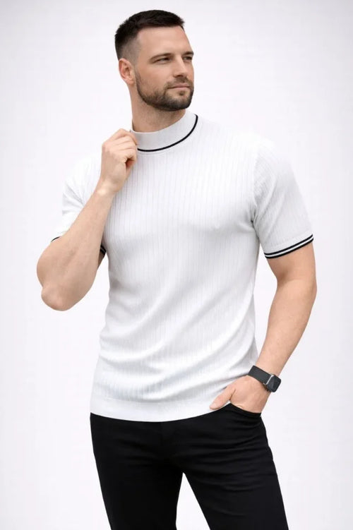 Erkek Fitilli Triko Dokuma Kısa Kol Tişört Yarım Boğaz Modern Yazlık T-Shirt - Beyaz (186173)