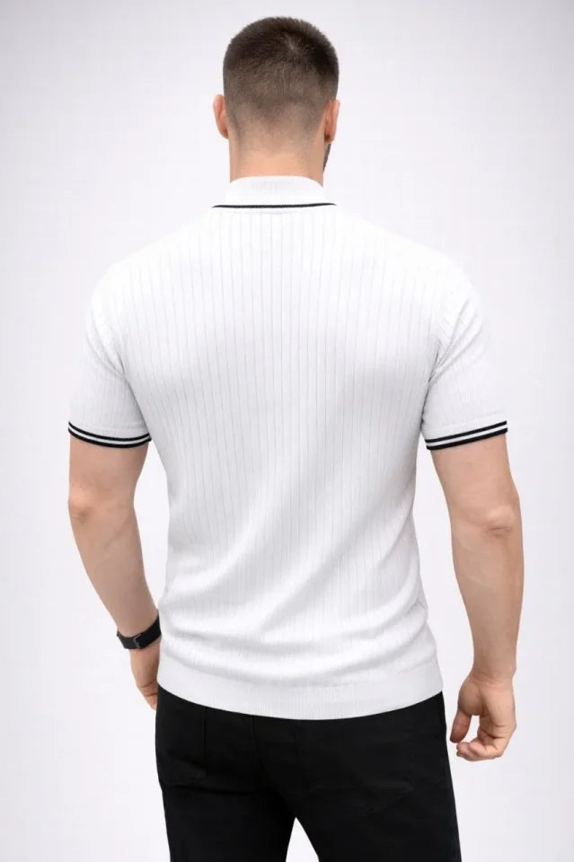 Erkek Fitilli Triko Dokuma Kısa Kol Tişört Yarım Boğaz Modern Yazlık T-Shirt - Beyaz (186173)