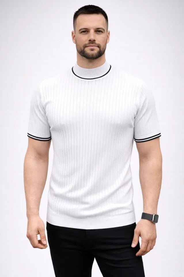 Erkek Fitilli Triko Dokuma Kısa Kol Tişört Yarım Boğaz Modern Yazlık T-Shirt - Beyaz (186173)